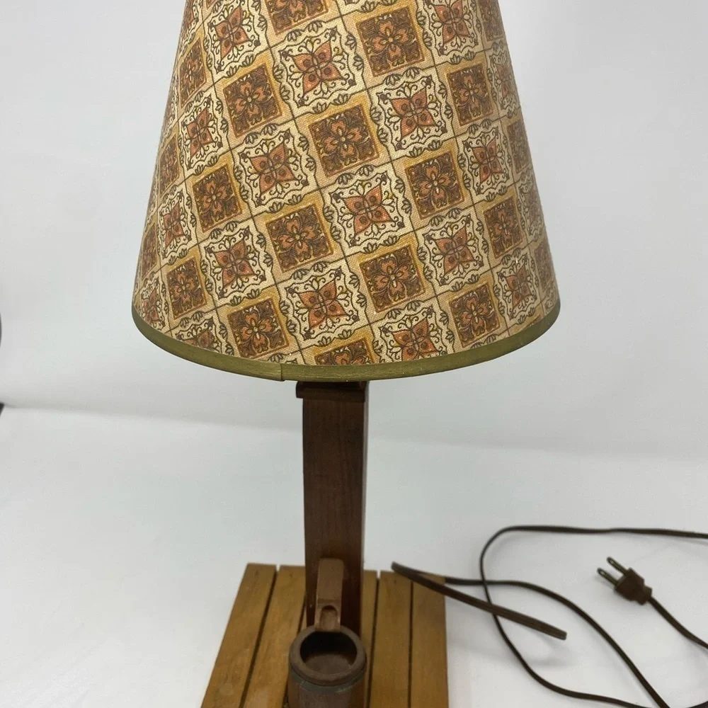 Vintage Table Lamp with Rustic Wood Base and Barrel Detail